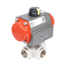 Rp 1" Pneumatischer Messing-Kugelhahn 3-Wege mit L-Bohrung - Federöffnend