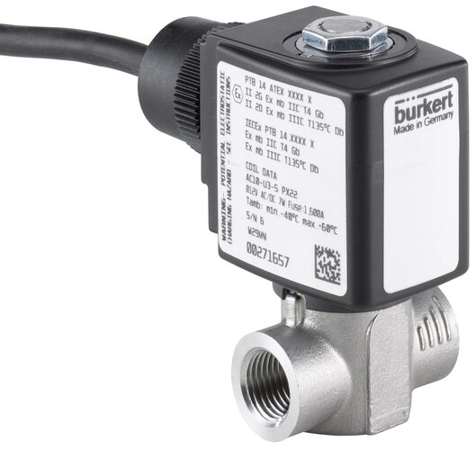 Solenoid Valve G1/2'' NC Stainless steel PCTFE 1-200bar/15-2901psi 230VAC/DC ATEX 6240 380825