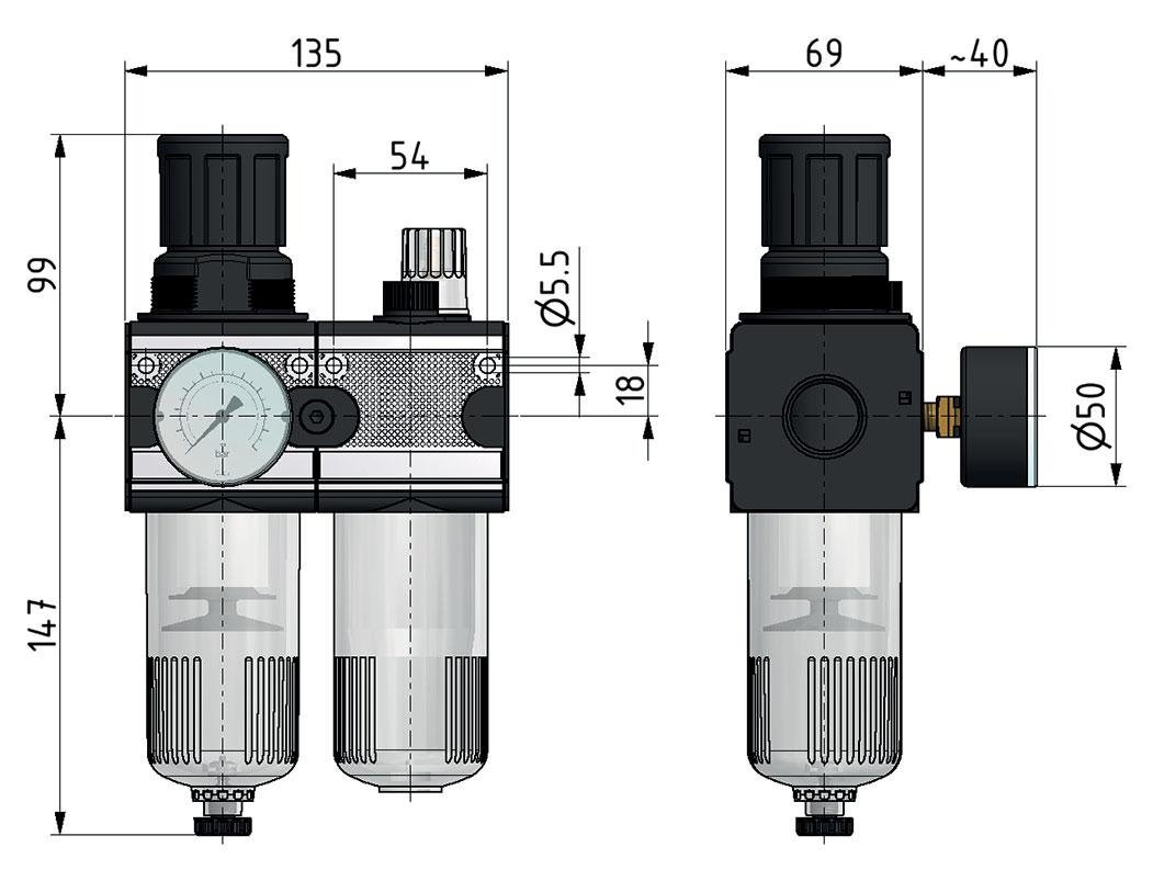 FRL 2-Teilig G3/4'' 5800l/min 0.5-10.0bar/7-145psi Halbautomatisch Polycarbonat Multifix 2