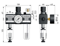 FRL 3-Teilig G3/8'' 1200l/min 0.5-10.0bar/7-145psi Halbautomatisch Polycarbonat Multifix 1