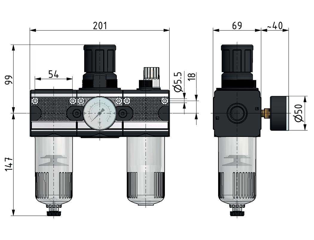FRL 3-Teilig G1/2'' 5800l/min 0.5-10.0bar/7-145psi Semi-Auto Polycarbonat Multifix 2