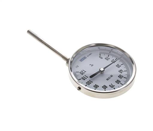 0 to +120°C Stainless Steel Bimetallic Thermometer 100mm Cabinet 100mm Stem Bottom