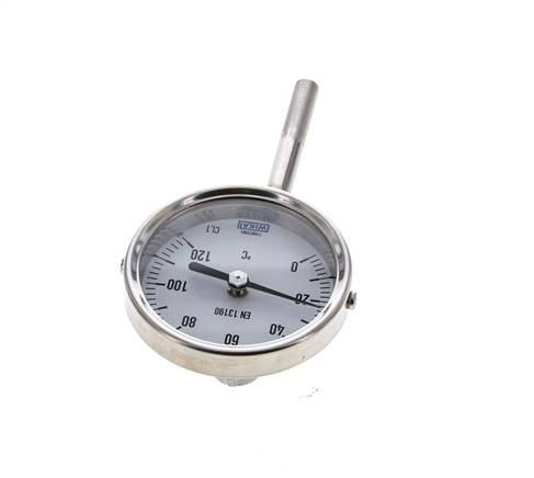 0 to +120°C Stainless Steel Bimetallic Thermometer 63mm Cabinet 63mm Stem Bottom