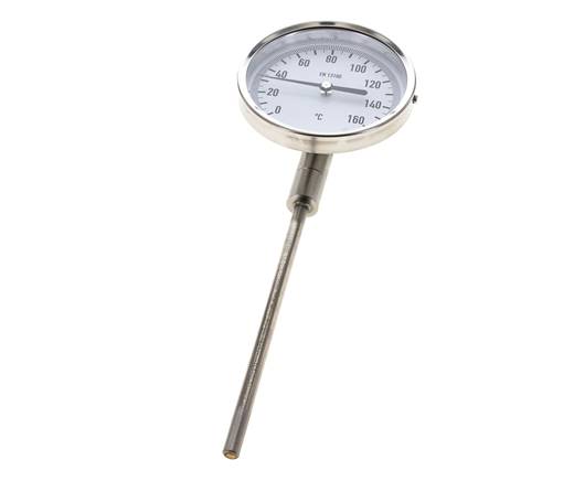 0 to +160°C Stainless Steel Bimetallic Thermometer 100mm Cabinet 160mm Stem Bottom