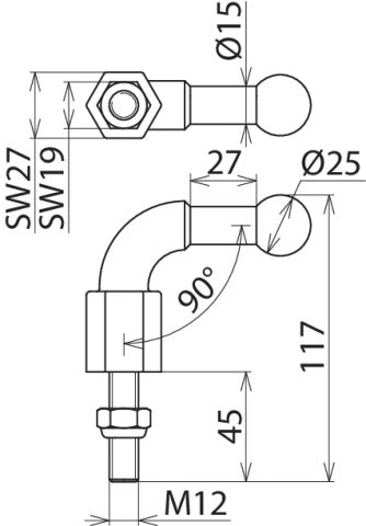 Dehn Feste Kugelspitze 25mm gewinkelt 90 Grad mit Gewindebolzen M12x4 - 757245