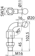 Gewinkelte feste Kugelspitze D20mm mit Gewindestift M16x45m - 707645