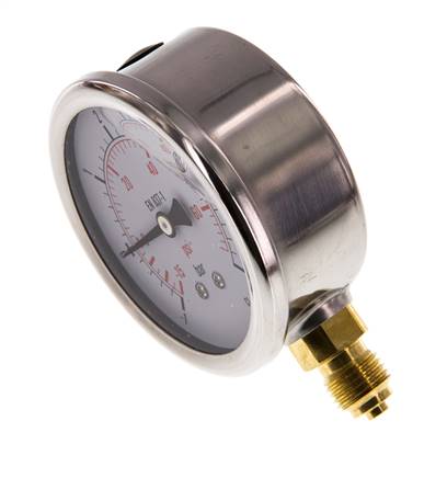 -1..5 Bar (-15..73 psi) Glyzerin-Manometer Unten Edelstahl/Messing 63 mm Klasse 1.6