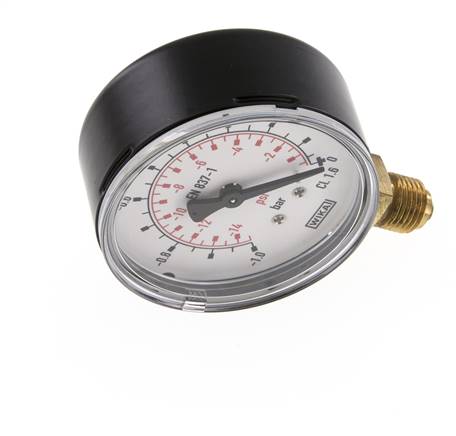 -1..0 bar Druck Manometer unter Stahl / Messing 63 mm Klasse 1.6
