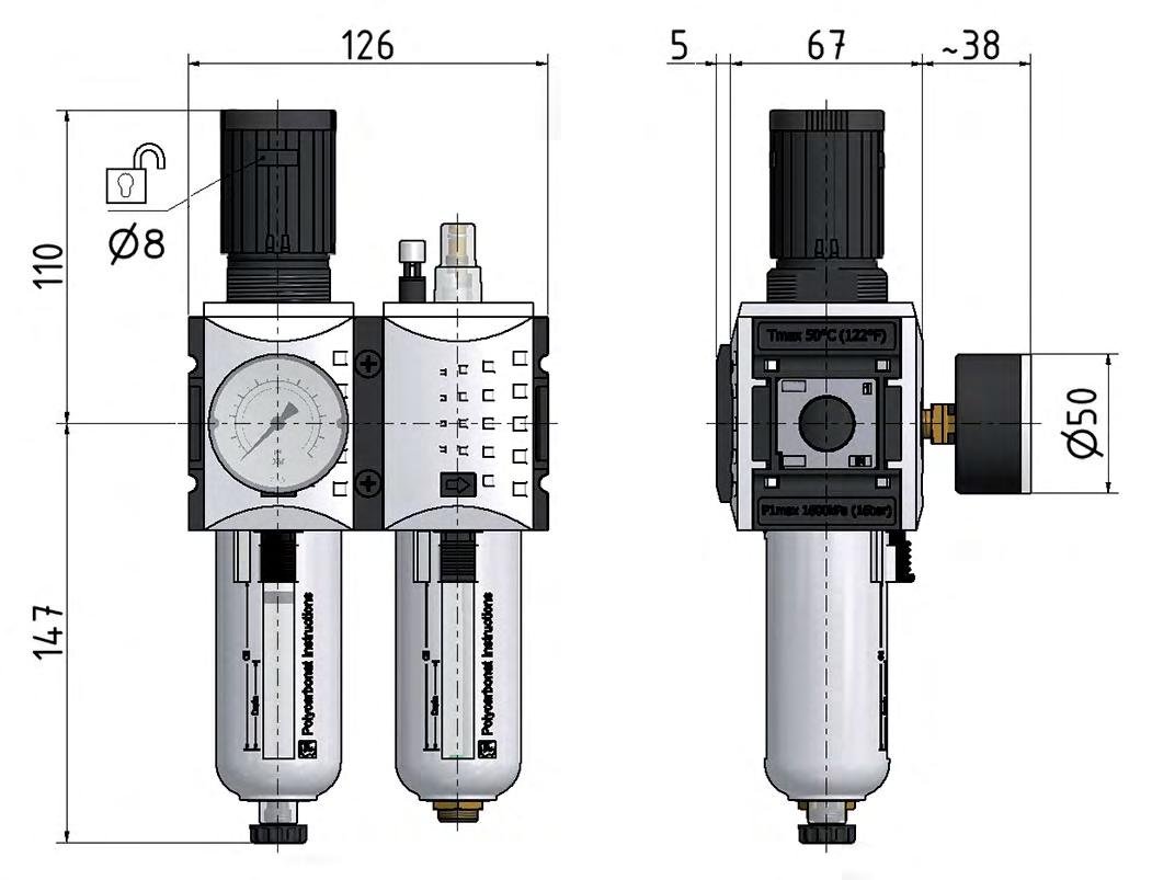 FRL 2-Teilig G3/8'' 3500l/min 0.1-1.0bar/1-14psi Semi-Auto Metall Futura 2
