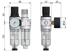 FRL 2-Teilig G1/4'' 700l/min 0.2-6.0bar/3-87psi Semi-Auto 40 mm Manometer Polycarbonat Multifix 0