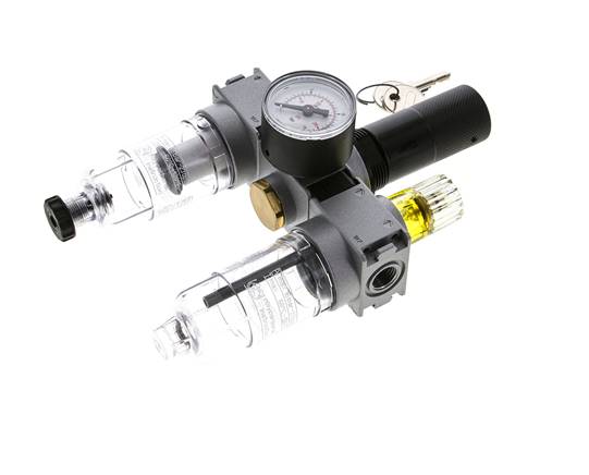 FRL 3-Teilig G1/4'' 750l/min 0.5-10.0bar/7-145psi Semi-Auto 40 mm Manometer Zylinderschloss Polycarbonat Multifix 0