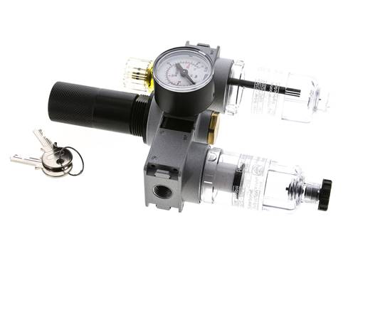 FRL 3-Teilig G1/4'' 750l/min 0.5-10.0bar/7-145psi Semi-Auto 40 mm Manometer Zylinderschloss Polycarbonat Multifix 0
