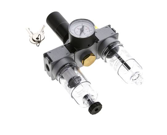 FRL 3-Teilig G1/4'' 750l/min 0.5-10.0bar/7-145psi Semi-Auto 40 mm Manometer Zylinderschloss Polycarbonat Multifix 0