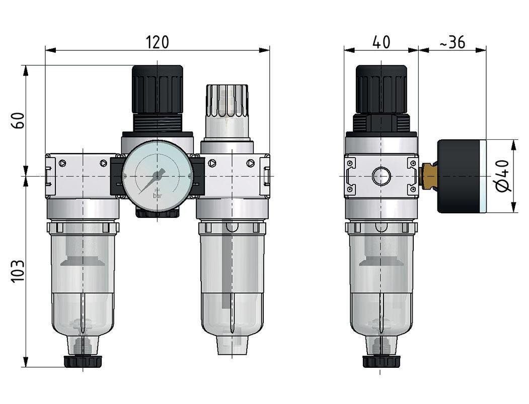 FRL 3-Teilig G1/4'' 750l/min 0.5-10.0bar/7-145psi Semi-Auto 40 mm Manometer Polycarbonat Multifix 0