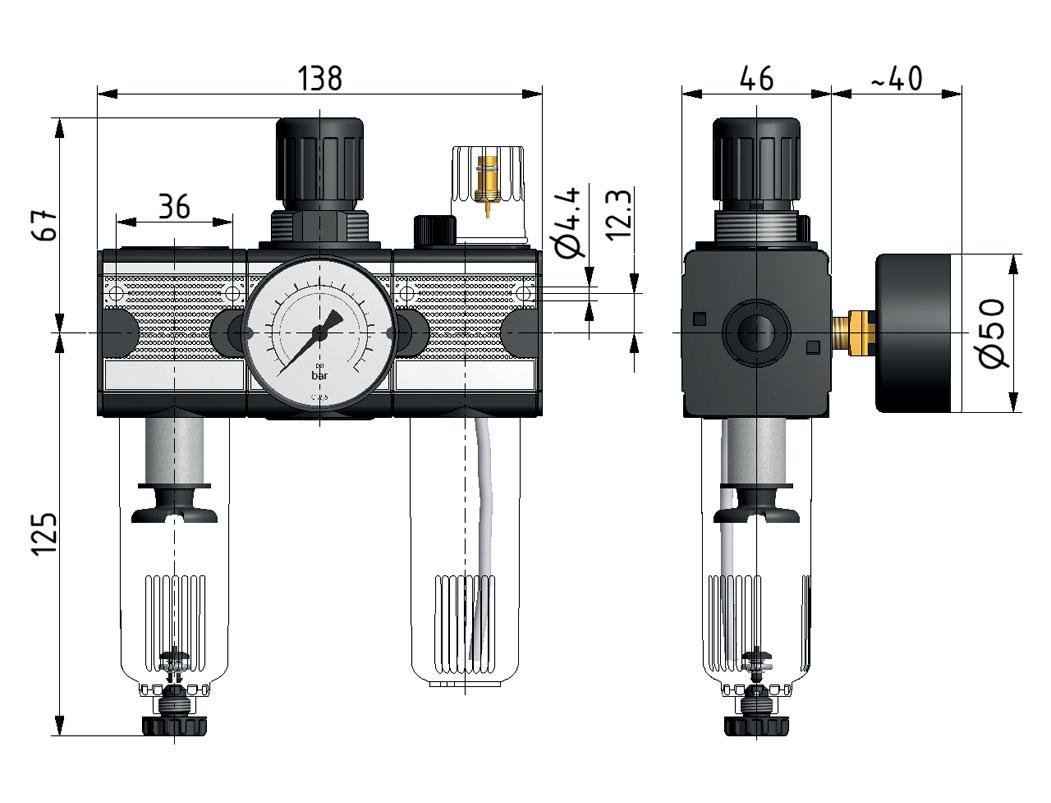 FRL 3-Teilig G1/4'' 1200l/min 0.5-10.0bar/7-145psi Auto Metal Multifix 1