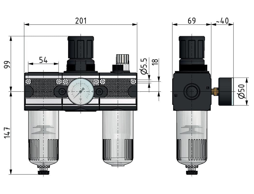 FRL 3-Teilig G3/4'' 5800l/min 0.1-3.0bar/1-44psi Halbautomatisch Polycarbonat Multifix 2