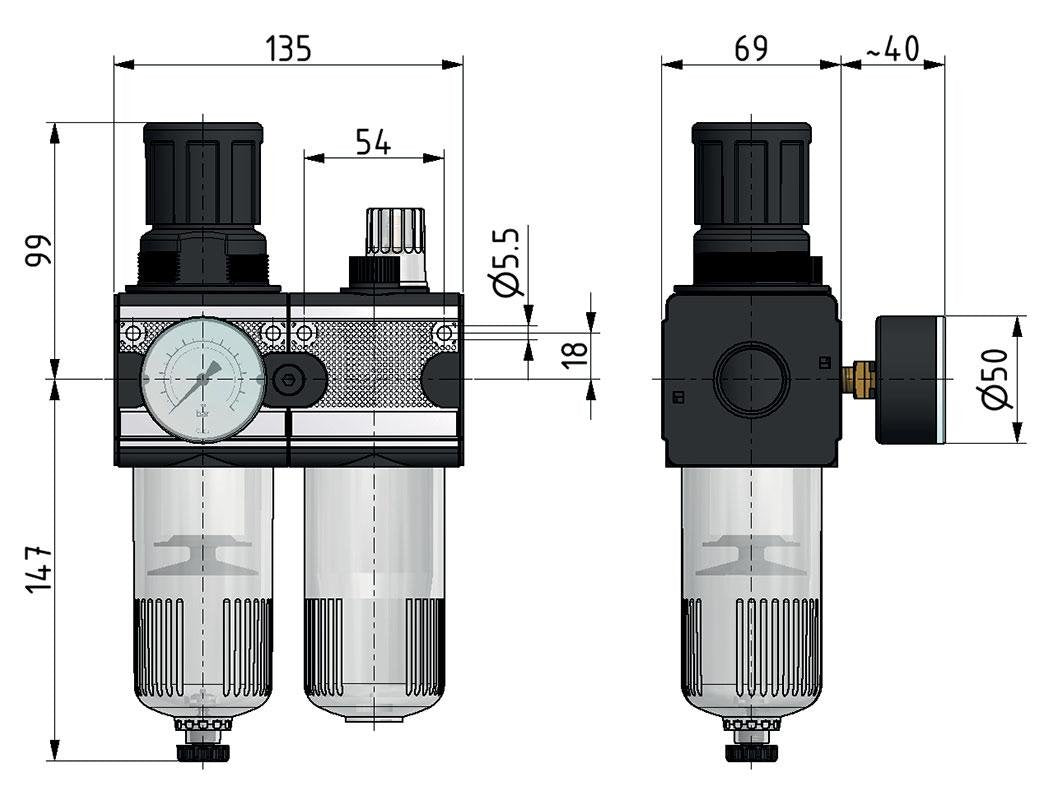 FRL 2-Teilig G3/4'' 5800l/min 0.2-6.0bar/3-87psi Auto Polycarbonat Multifix 2