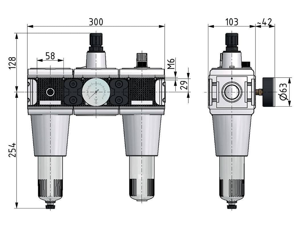 FRL 3-Teilig G3/4'' 13500l/min 0.2-6.0bar/3-87psi Semi-Auto Metal Multifix 5