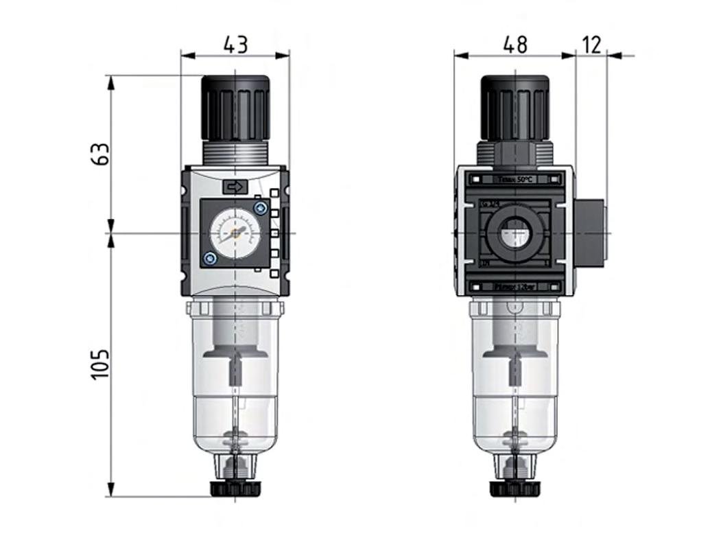 Filter-Regler G1/4'' 1000l/min 0.2-4.0bar/3-58psi 40 mm Manometer Futura 0