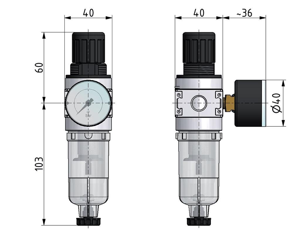 Filter-Regler G1/8'' 1450l/min 0,1-3,0bar/1-44psi 40 mm Manometer Multifix 0