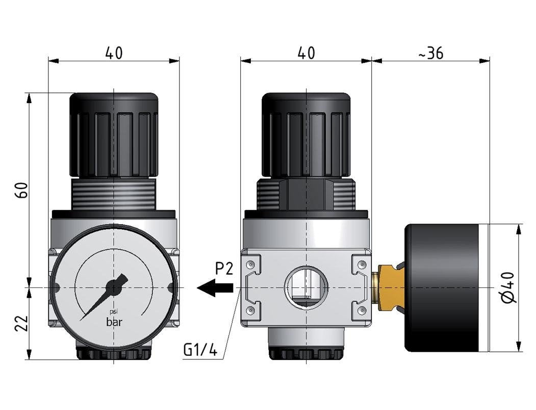 Druckregler für Sammelstückmontage G1/4'' 1450l/min 0.1-3.0bar/1-44psi Zink-Druckguss 40 mm Manometer Zylinderschloss Multifix 0