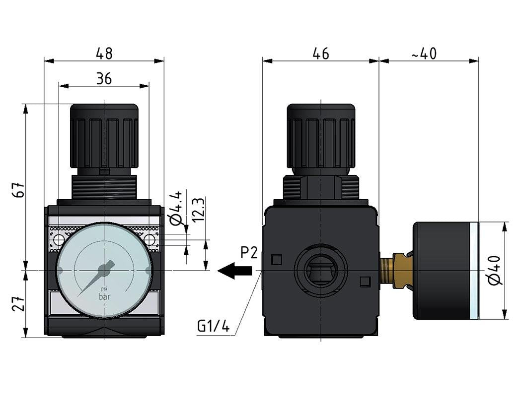 Druckregler für Sammelstückmontage G1/4'' 2250l/min 0.2-6.0bar/3-87psi Zinkdruckguss 40 mm Manometer Multifix 1