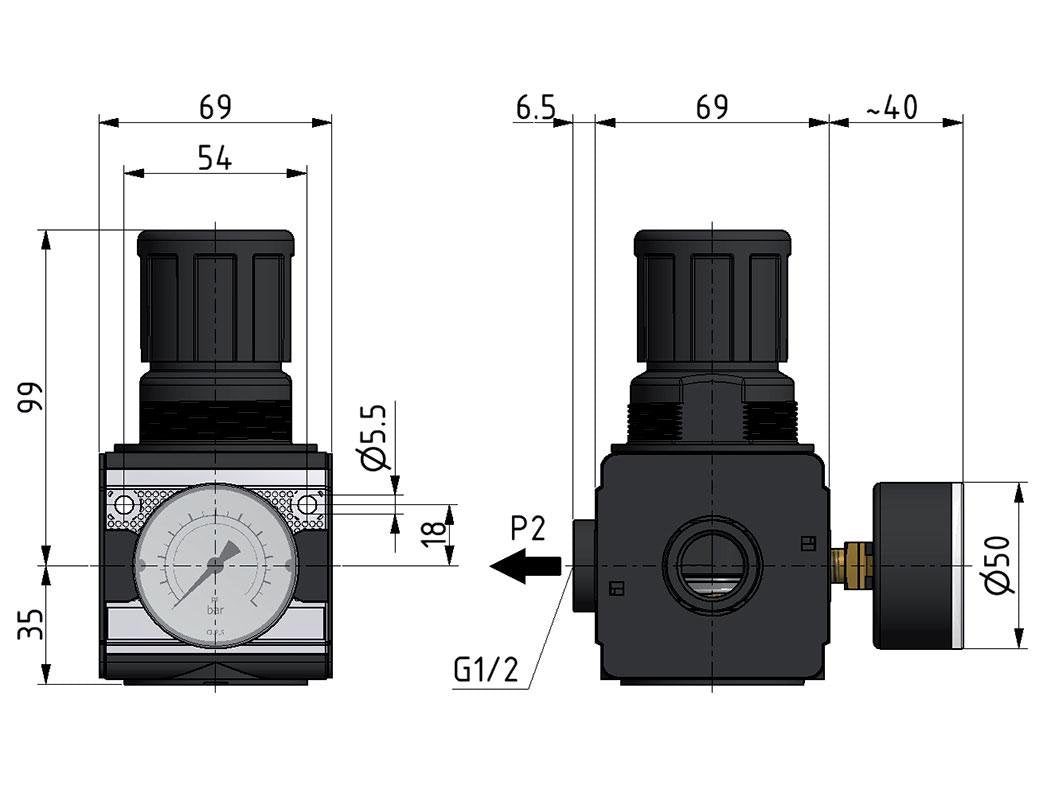 Druckregler für Sammelstückmontage G1/2'' 8500l/min 0.5-10.0bar/7-145psi Zinkdruckguss Multifix 2