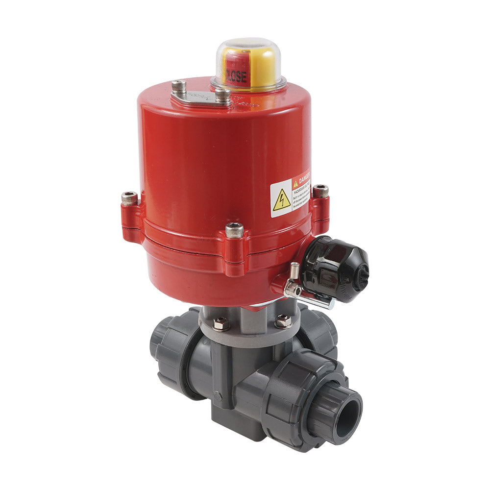 G 2 Zoll T-Anschluss 3-Wege PVC Elektrischer Kugelhahn 100-240 V AC PTFE/EPDM