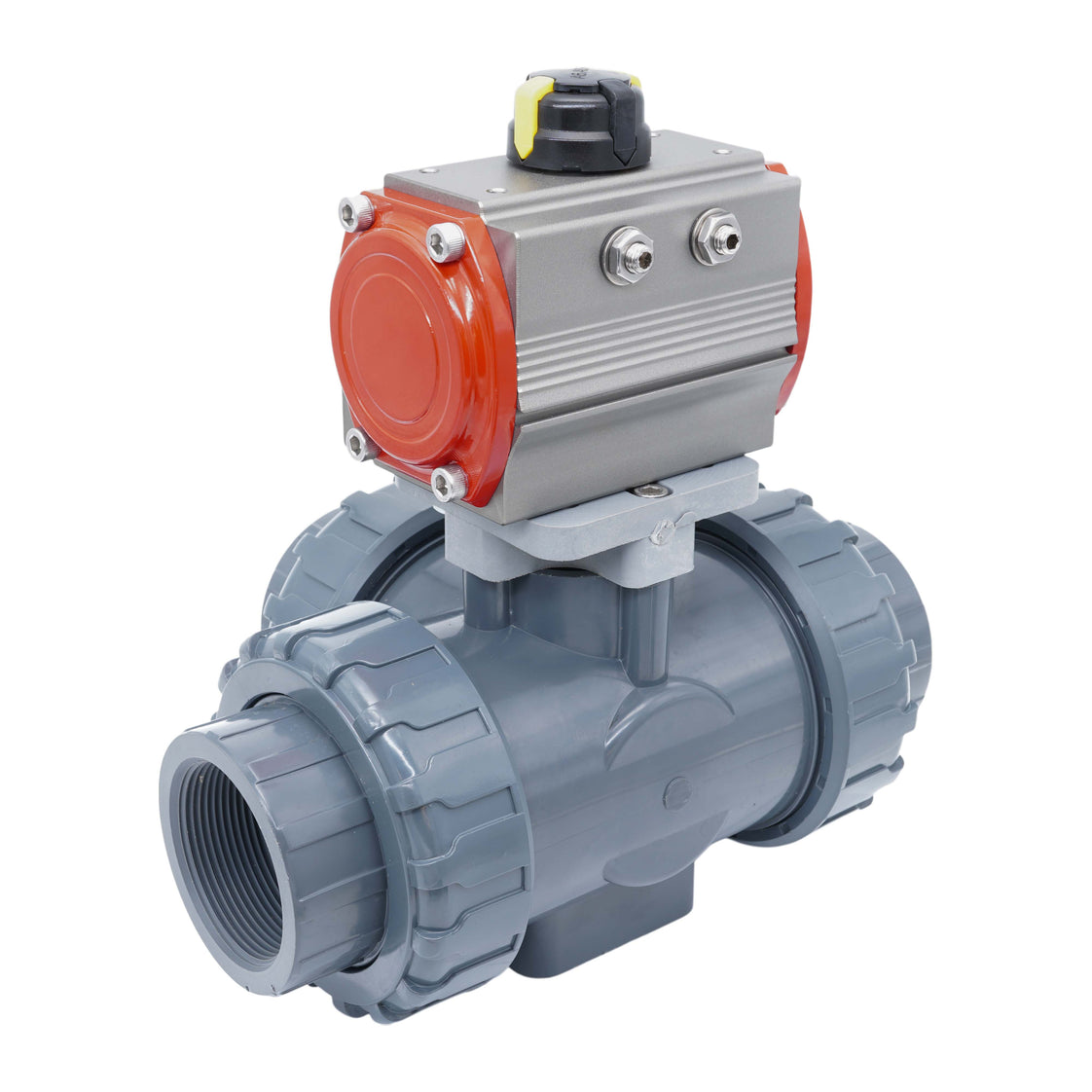 3-Wege Pneumatischer Kugelhahn 63 mm L-Bohrung PVC Federschließend