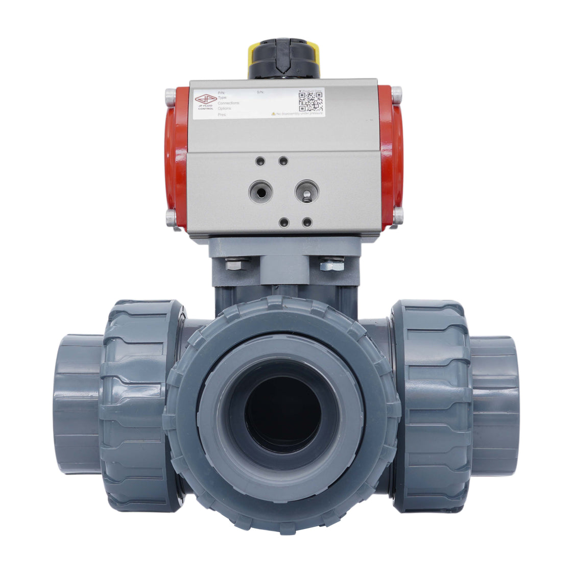 3-Wege Pneumatischer Kugelhahn 63 mm L-Bohrung PVC Federschließend