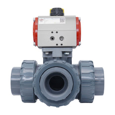 3-Wege Pneumatischer Kugelhahn 63 mm L-Bohrung PVC Federschließend