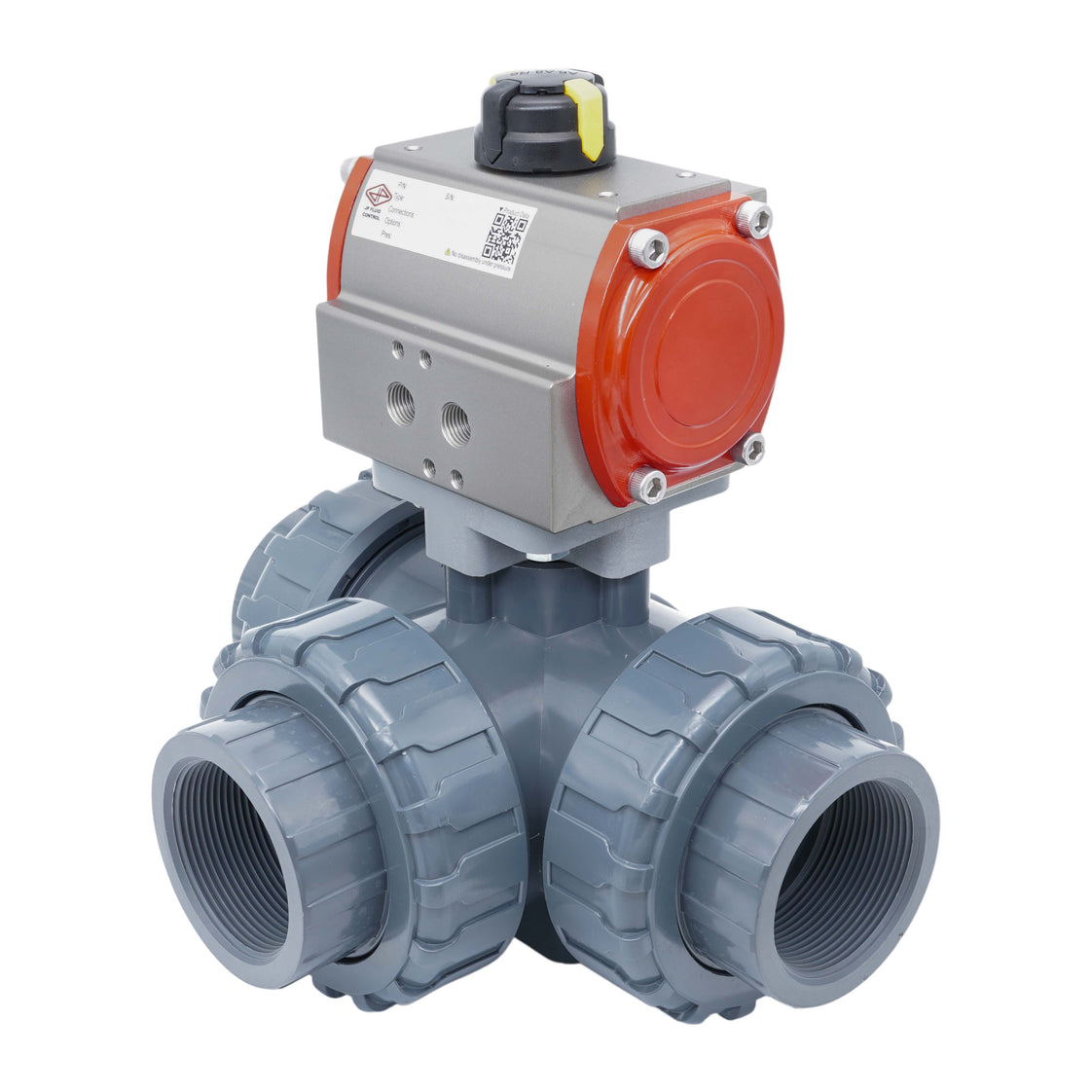 3-Wege Pneumatischer Kugelhahn 63 mm L-Bohrung PVC Federschließend