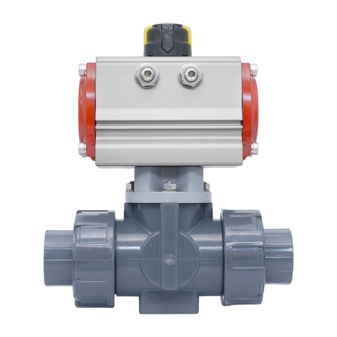 50mm Klebemuffe 3-Wege PVC pneumatischer Kugelhahn L-Bohrung federgeschlossen