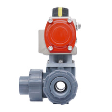3-Wege Pneumatischer Kugelhahn 20 mm L-Bohrung PVC Federschließend