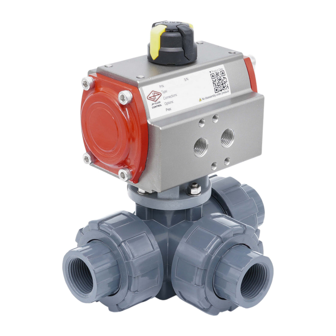 50mm Klebemuffe 3-Wege PVC pneumatischer Kugelhahn L-Bohrung doppelt wirkend