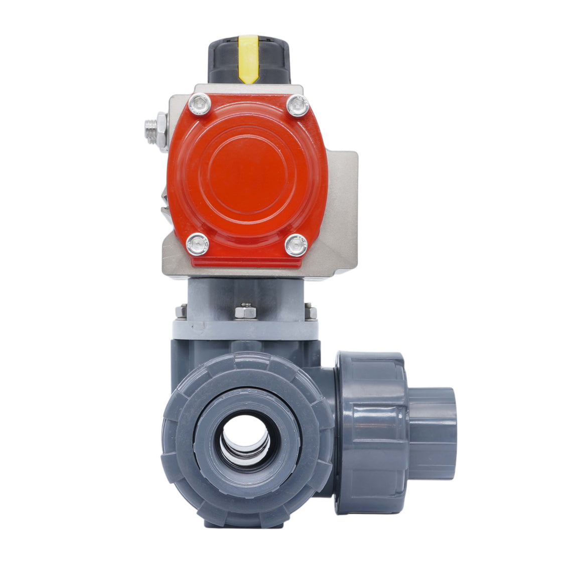 G1'' 3-Wege PVC-Pneumatikkugelhahn L-Bohrung federgeschlossen