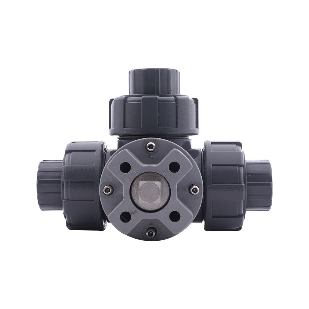 Solvent Socket 40 mm L-bore 3-Way PVC Ball Valve ISO-Top 10 bar PTFE/FKM