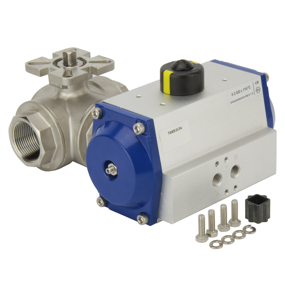 G1-1/2'' 3-Wege T-Anschluss Edelstahl Pneumatischer Kugelhahn Feder offen - BL3SA