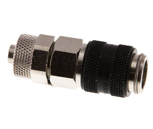 Messing vernickelt DN 5 Schwarz Luftkupplungsmuffe 6x8 mm Überwurfmutter Doppelabsperrung