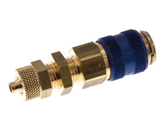 Messing DN 5 Blau Luftkupplung Muffe 4x6 mm Überwurfmutter Bulkhead Doppelabsperrung