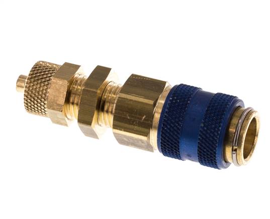 Messing DN 5 Blau Luftkupplung Muffe 4x6 mm Überwurfmutter Bulkhead Doppelabsperrung