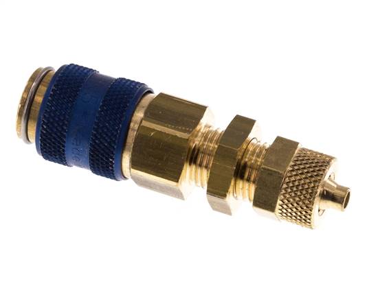 Messing DN 5 Blau Luftkupplung Muffe 4x6 mm Überwurfmutter Bulkhead Doppelabsperrung