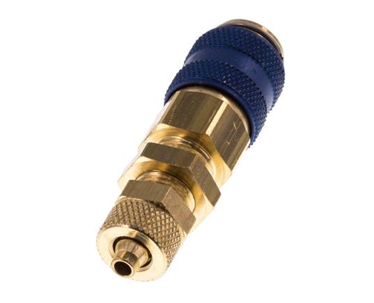 Messing DN 5 Blau Luftkupplung Muffe 4x6 mm Überwurfmutter Bulkhead Doppelabsperrung