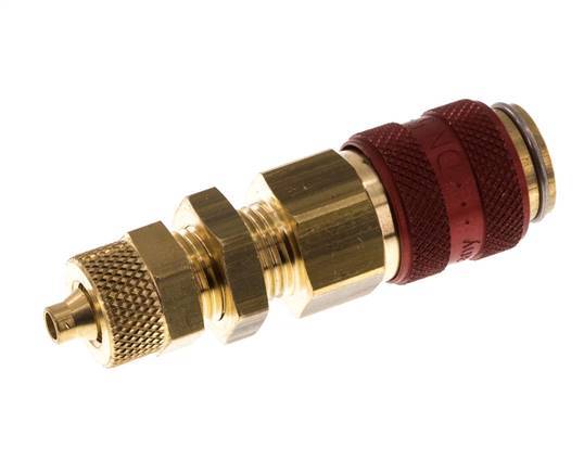 Brass DN 5 Red Air Coupling Socket 4x6 mm Union Nut Bulkhead Double Shut-Off