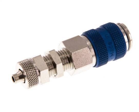 Messing vernickelt DN 5 Blau Luftkupplungsmuffe 4x6 mm Überwurfmutter Bulkhead