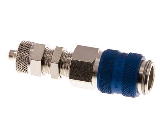 Messing vernickelt DN 5 Blau Luftkupplungsmuffe 4x6 mm Überwurfmutter Bulkhead