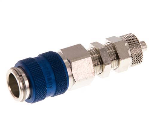 Messing vernickelt DN 5 Blau Luftkupplungsmuffe 4x6 mm Überwurfmutter Bulkhead