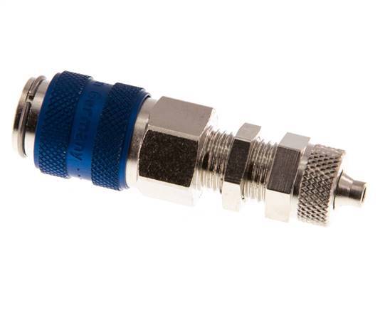 Messing vernickelt DN 5 Blau Luftkupplungsmuffe 4x6 mm Überwurfmutter Bulkhead