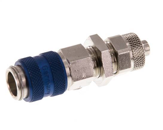Messing vernickelt DN 5 Blau Luftkupplungsmuffe 6x8 mm Überwurfmutter Bulkhead