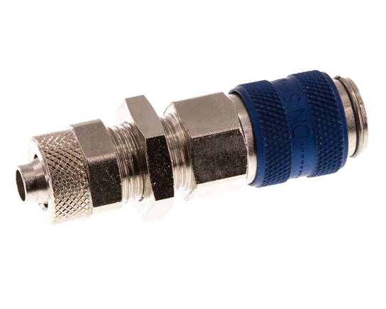 Messing vernickelt DN 5 Blau Luftkupplungsmuffe 6x8 mm Überwurfmutter Bulkhead Doppelabsperrung
